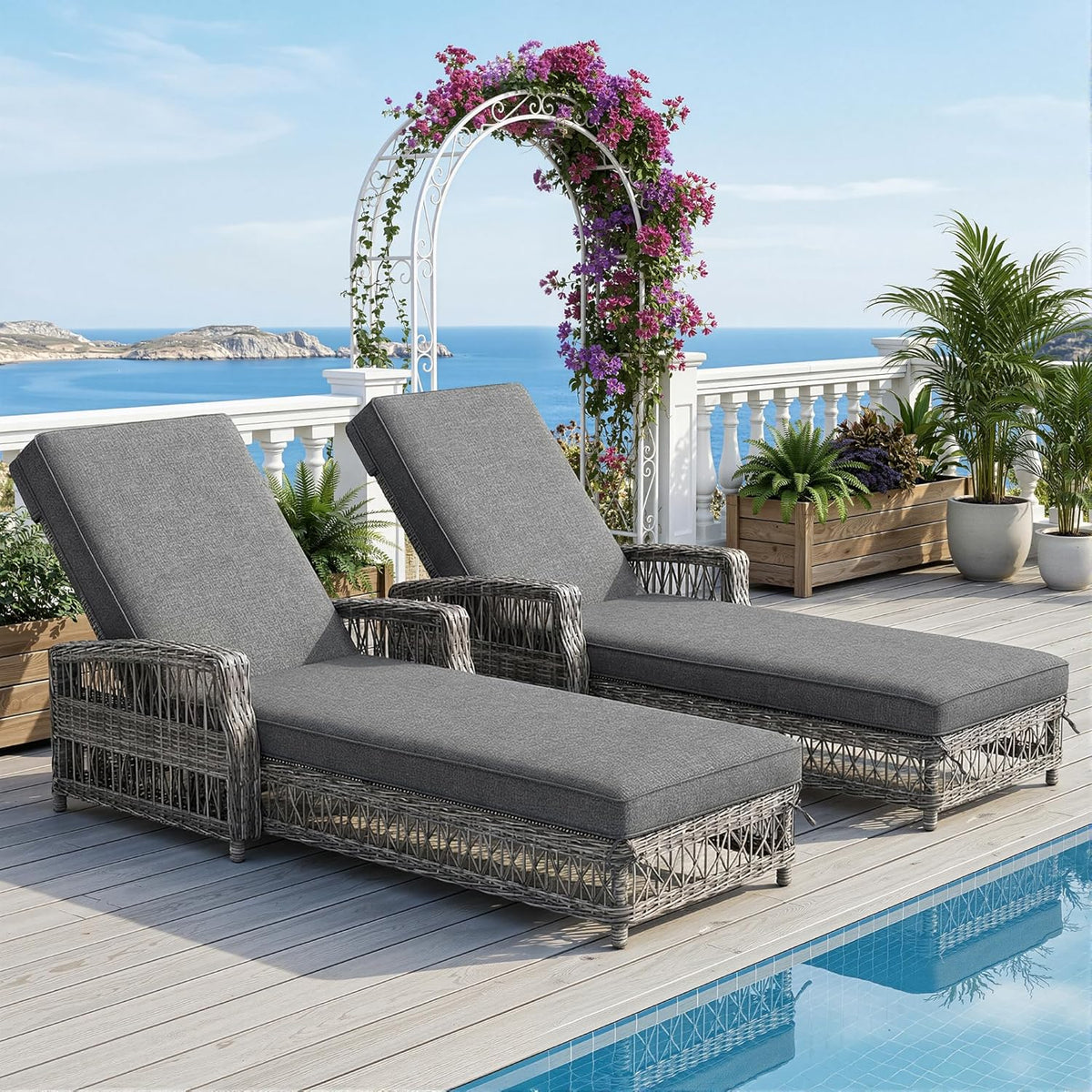 Ball & Cast Gartenliege 2 Personen aus Rattan, Liege mit 4-Fach Verstellbarer Rückenlehne und Bequemer Auflage, 2er Set, 192 x 70 x 83 cm, Grau