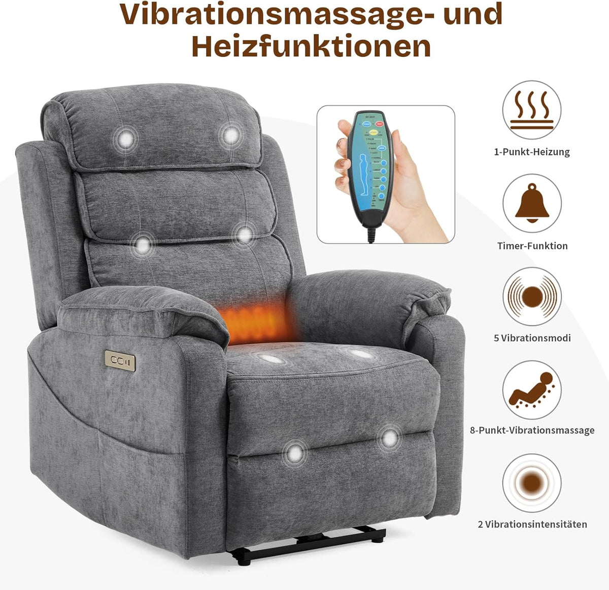 LEADZM Fernsehsessel Relaxsessel mit drahtloser Ladevorrichtung, 1 USB-Anschluss, 1 USB-C-Ladeanschluss, Liegen TV Sessel mit Massage Heizung, Getränkehalter (Dunkelgrau)