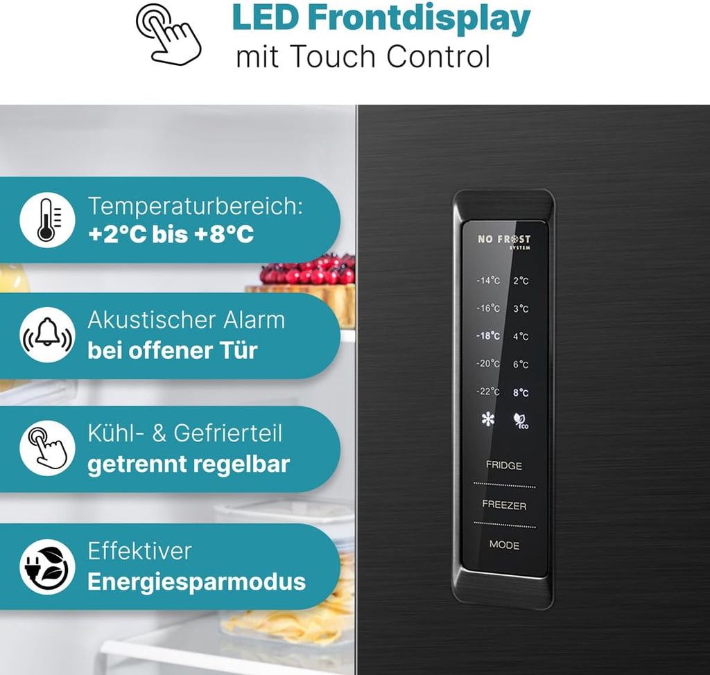 Bomann® French Door Kühlschrank No Frost | Kühl-Gefrier-Kombinationen mit Total No Frost | Kühlschrank mit Gefrierfach 362L | Side by Side Kühlschrank mit MultiAirflow-System | KG 7358 schwarz-inox