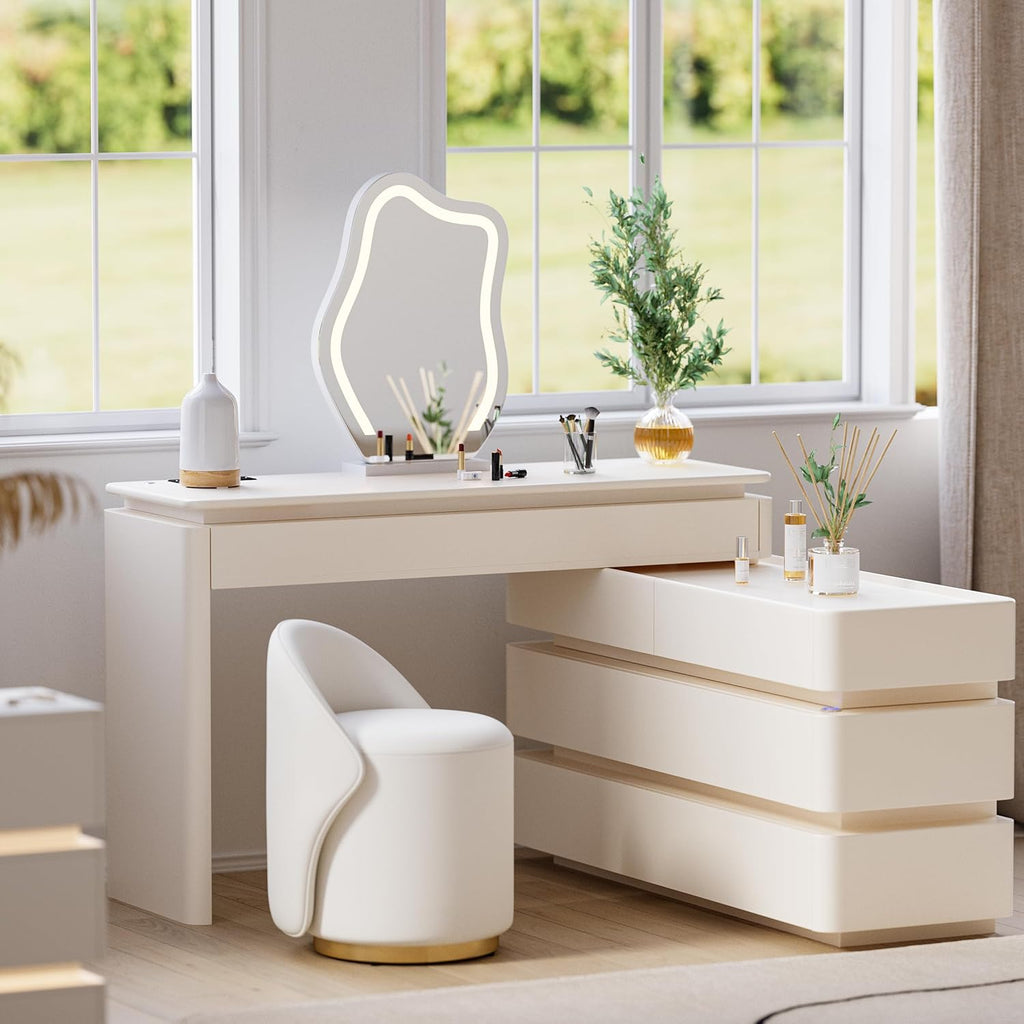 Homary Schminktisch mit Beleuchtung, Modern Schminktisch mit Ausziehbarem Design, Dimmbarer LED-Beleuchtung und Integrierter Ladestation für Ihre Beauty-Tools