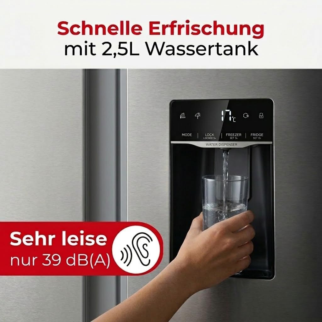 PKM SBS444EIXWD, Side by Side Kühl-Gefrierkombination, 439 L, 2-türig mit Wasserspender, Inox Design
