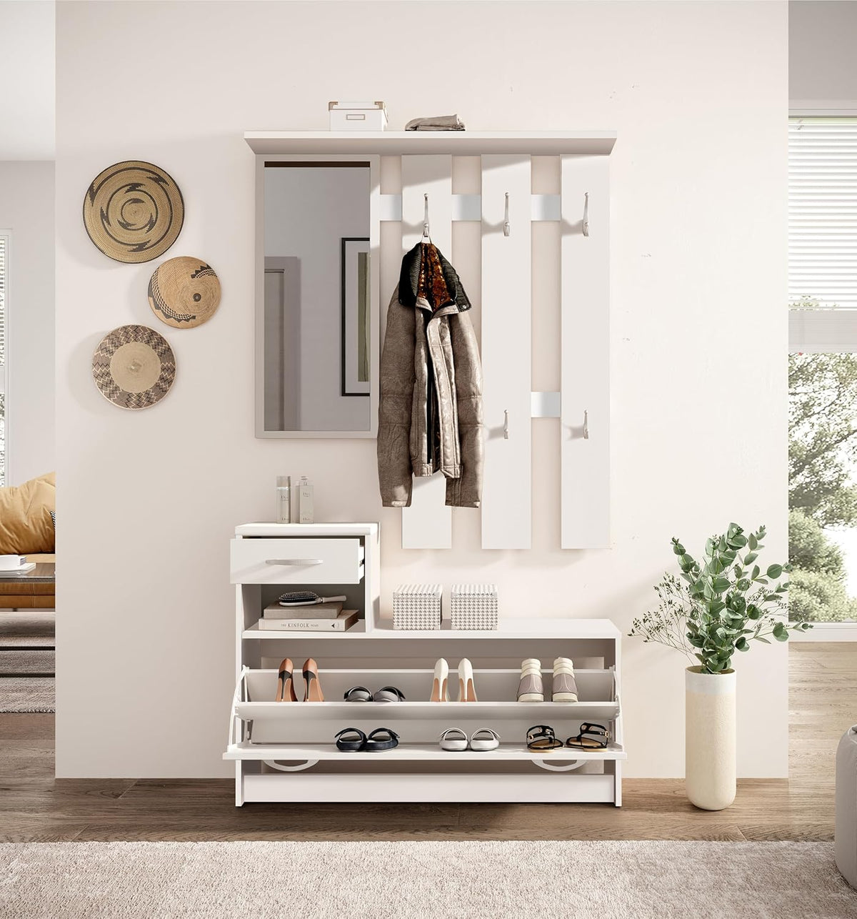 Vera Garderobe mit Spiegel weiß matt - Kompaktgarderobe, Dielenschrank, Flurschrank - 100 x 190 x 26 cm (B/H/T)