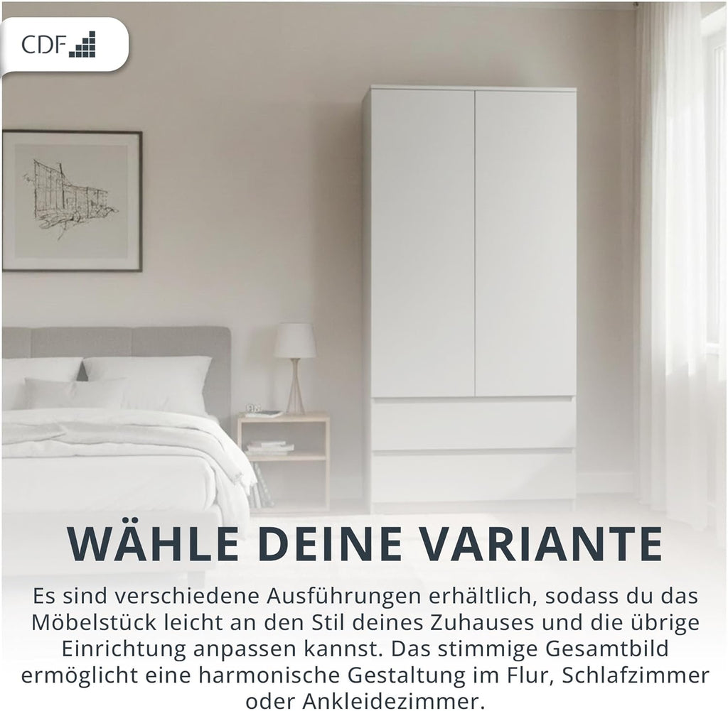 CDF Kleiderschrank Weiß 90cm Breit Kinderzimmer Schlafzimmer 2 Schubladen 2-türig Kleiderschrank Zweitüriger Schrank Moderne Look Alles für die Montage Inklusive Garderobenschrank Klamotten Spielzeuge