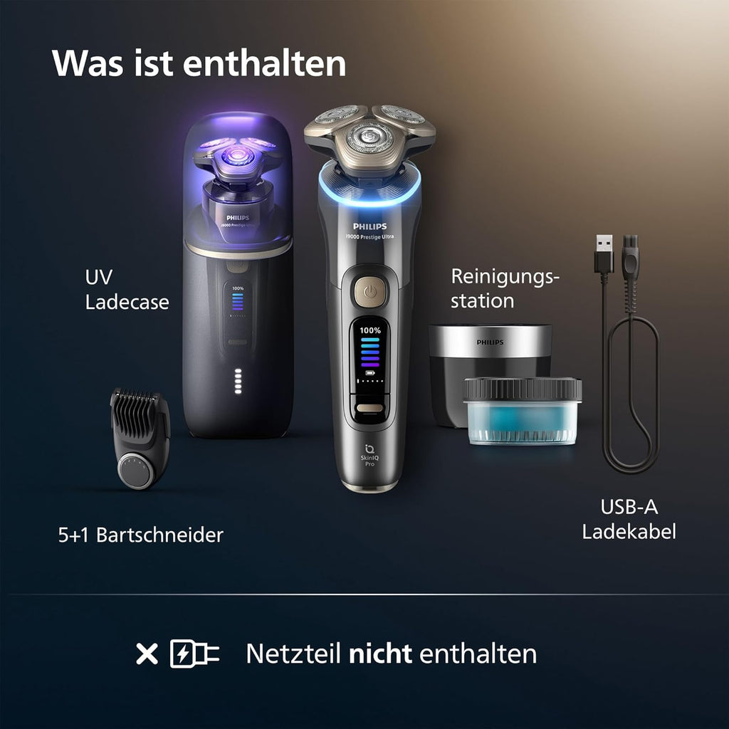 Rasierer i9000 Prestige Ultra, Nass- und Trockenrasierer für Herren, adriatic, Druck- und Bewegungssensor, 5+1 Bartstyler, Reinigungsstation, UV-Ladecase und Reiseetui (Modell XP9402/46)