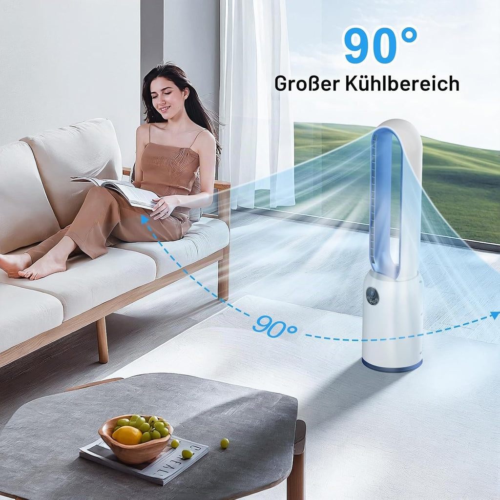 Turmventilator ohne Flügel 88cm – geräuschloser Standventilator mit 55W Motor, LED-Touchscreen & Fernbedienung, 12-Stunden-Timer, 90° oszillierend für Schlafzimmer & Büro (blau)