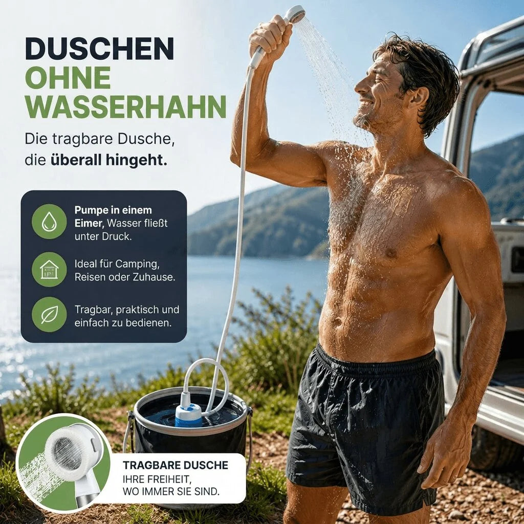 Campingdusche mit Akku Pumpe | Quellkaskade