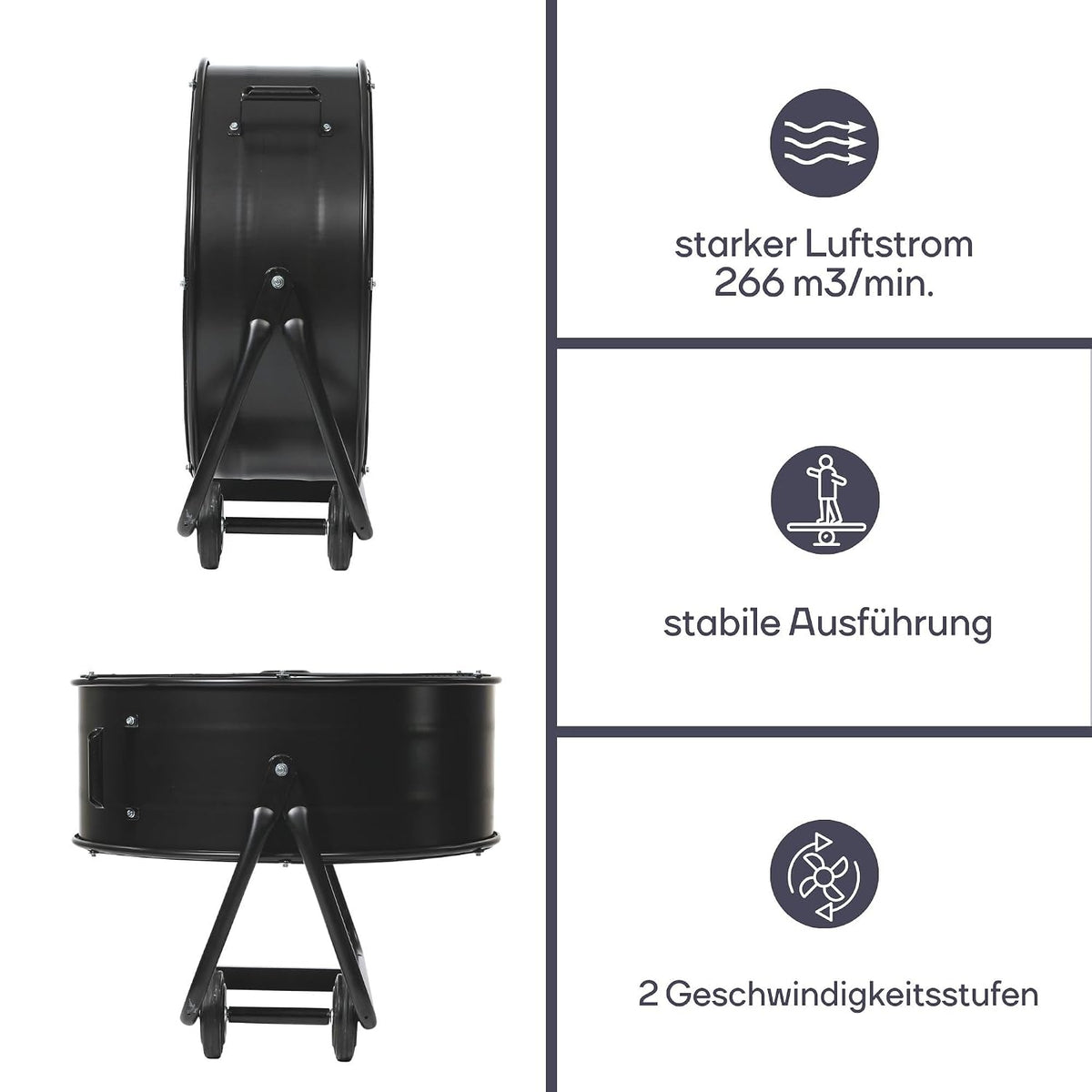 Perel Bodenventilator Ø 60 cm, Trommelventilator, Ventilator groß stark, Windmaschine, Industrieventilator, Trommelgebläse, 2 Geschwindigkeiten, Metall, schwarz, 22.5 kg