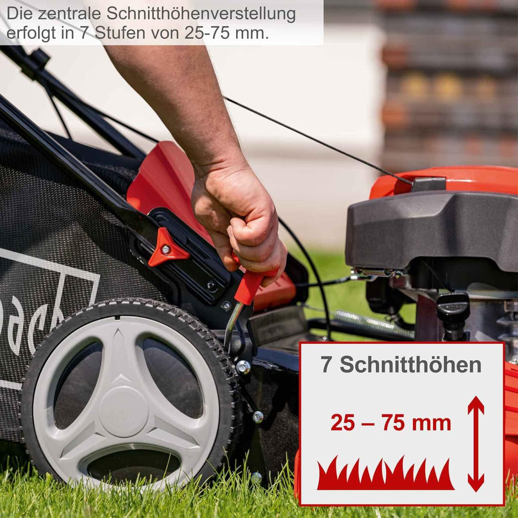 Scheppach Benzin Rasenmäher MS225-53 mit Radantrieb | 53cm Schnittbreite | 65L Fangbox | Höhenverstellung 7 Stufen | Seitenauswurf & Reinigungsfunktion | Mulchmäher | inkl. Motoröl & Ersatzmesser