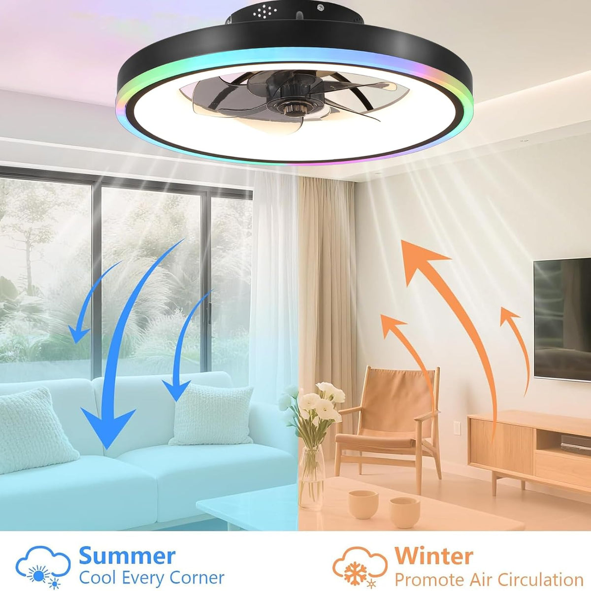 RGB Deckenventilator mit Beleuchtung, Leise Deckenlampe mit Ventilator mit Fernbedienung und APP, 6 Gang, 60W LED Deckenventilator mit Licht Dimmbar für Schlafzimmer, Wohnzimmer, 3000-6500k, 50cm