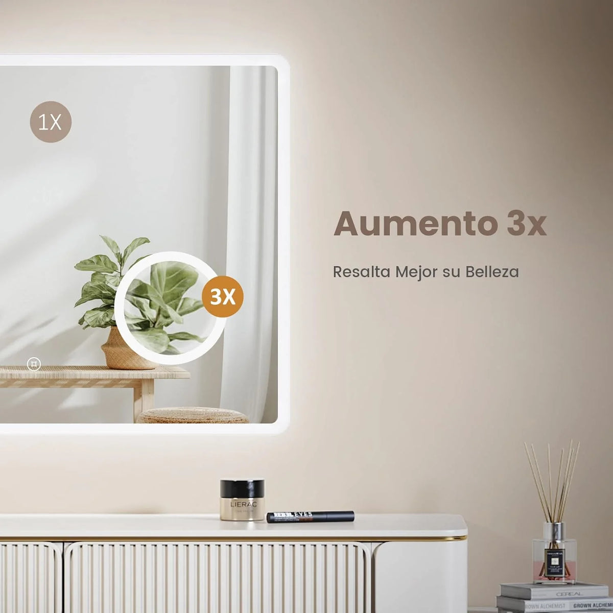 EMKE Espejo LED de Baño 90 x 70 cm, con Interruptor Táctil, Antivaho, Lupa 3X, Reloj, 6500K
