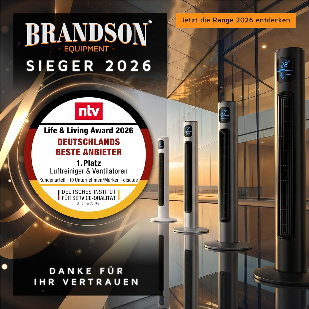 Brandson - Turmventilator mit Fernbedienung 96 cm - Preisträger 2026 - mobiler Lüfter leise - Standventilator Oszilation - 3 Geschwindigkeiten 3 Modi Timer - Ventilator mit GS - Steelsilver