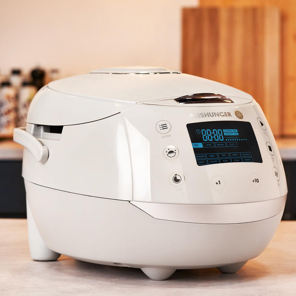 REISHUNGER Digitaler Reiskocher & Dampfgarer Schwarz | 1,5 L bis 8 Personen | Warmhaltefunktion, Timer & Premium Innentopf | Multikocher, 12 Programme, 7-Phasen-Technologie