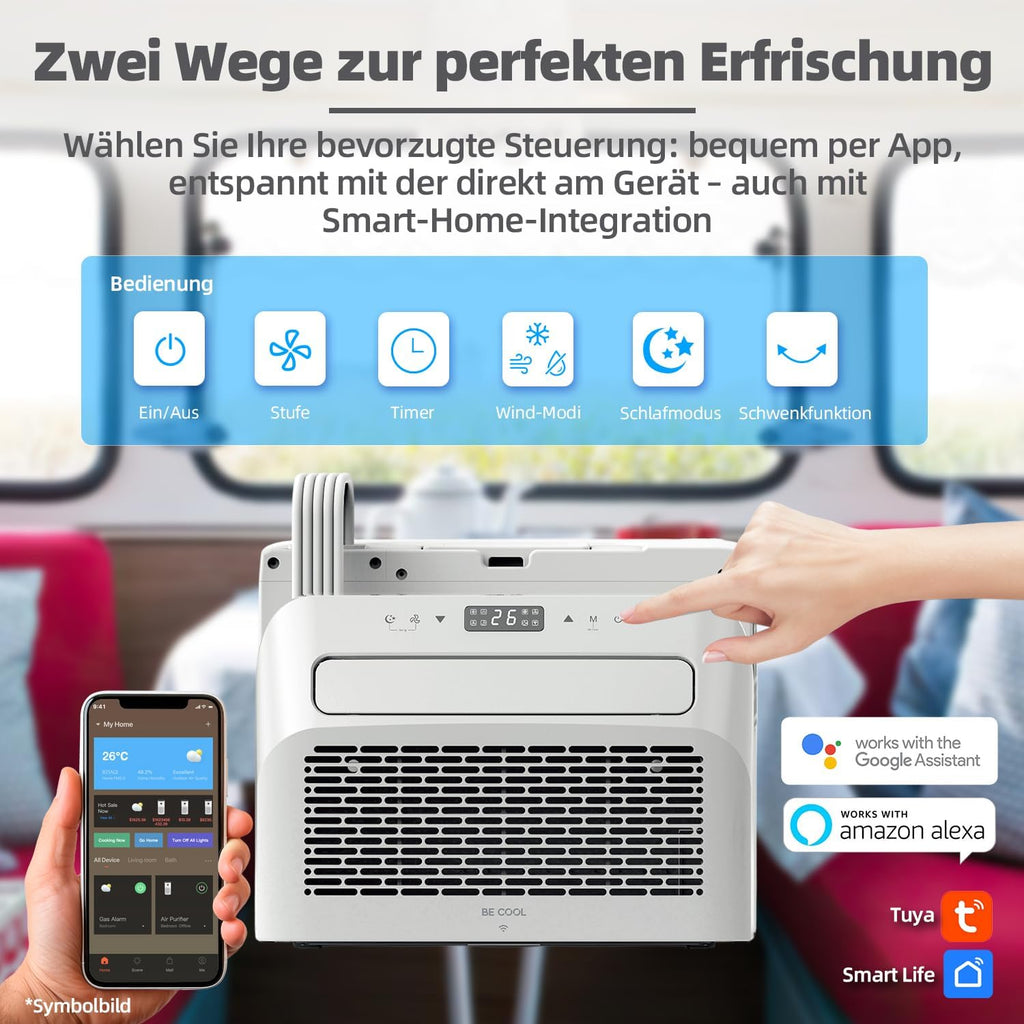 BE COOL BC5CSKL26 3in1 Mini Split Klimaanlage 5000 BTU mit WiFi, App-Steuerung, Kühlen, Lüften, Entfeuchten, 24h Timer, Schlafmodus, für Räume bis 12 m², Wohnmobil, Wohnwagen, weiß