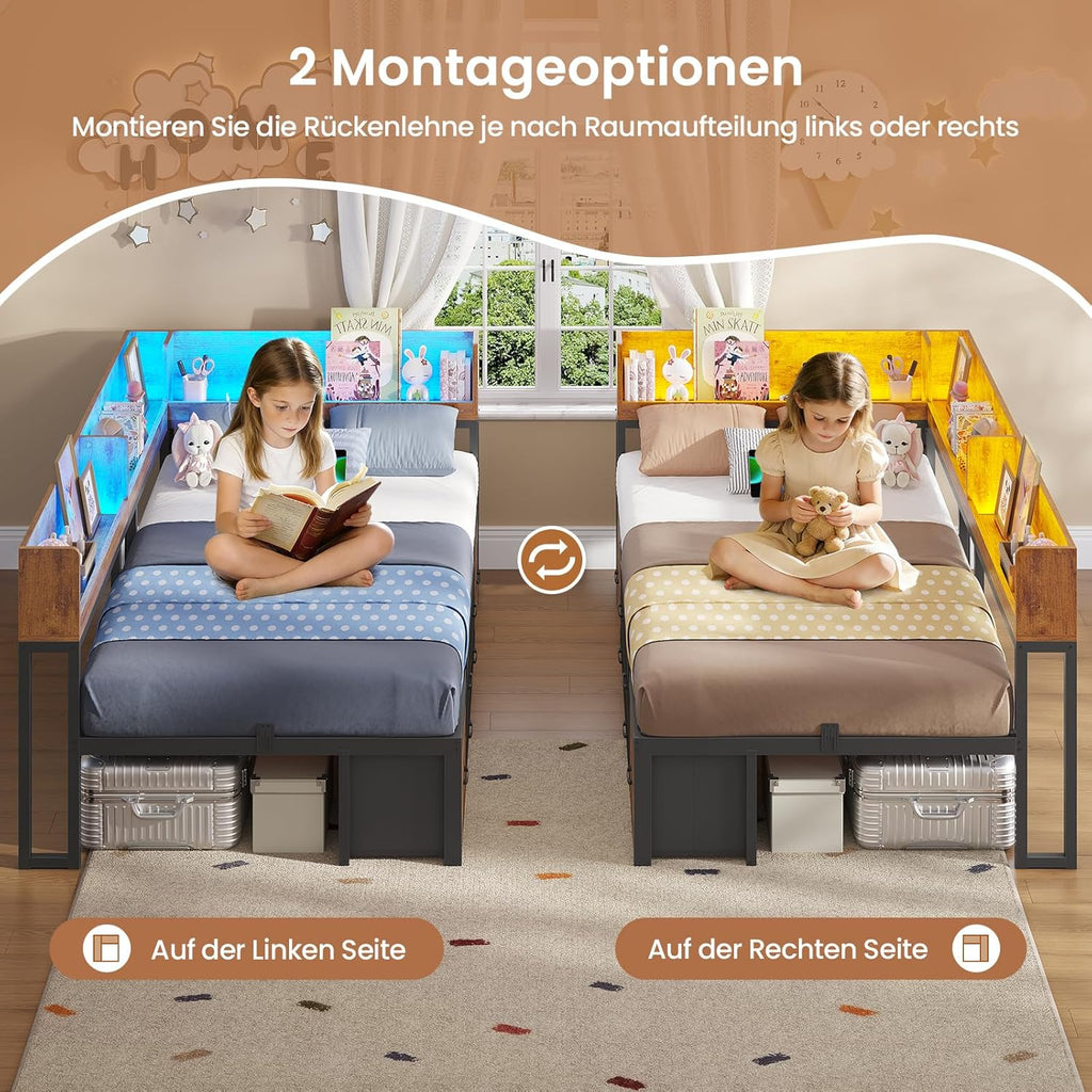 Bett 90x200 mit Stauraum Schlafsofa mit Integriertem Bücherregal & 6 Schubladen,Jugendbett mit LED-Beleuchtung & Ladestation Gästebett Tagesbett Bettgestell mit Lattenrost(Vintage Braun, 90x200cm)