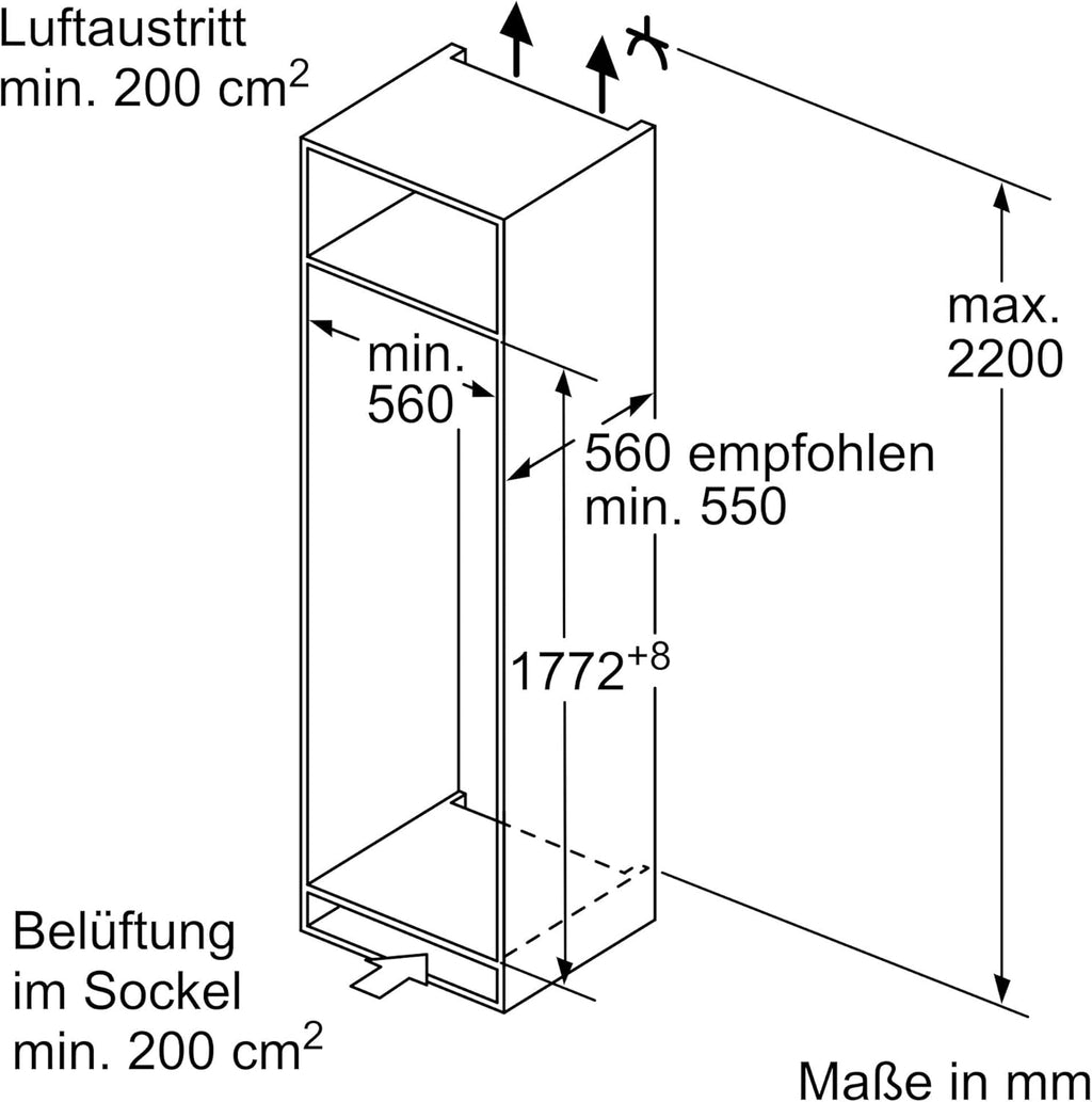 Siemens KI82LADD0 iQ500, Einbau-Kühlschrank mit Gefrierfach, 177,5 x 56 cm Nische, 246 L Kühlen & 34 L Gefrieren, Made in Germany, hyperFresh für längere Frische, schnell Kühlen, Leise, Flachscharnier