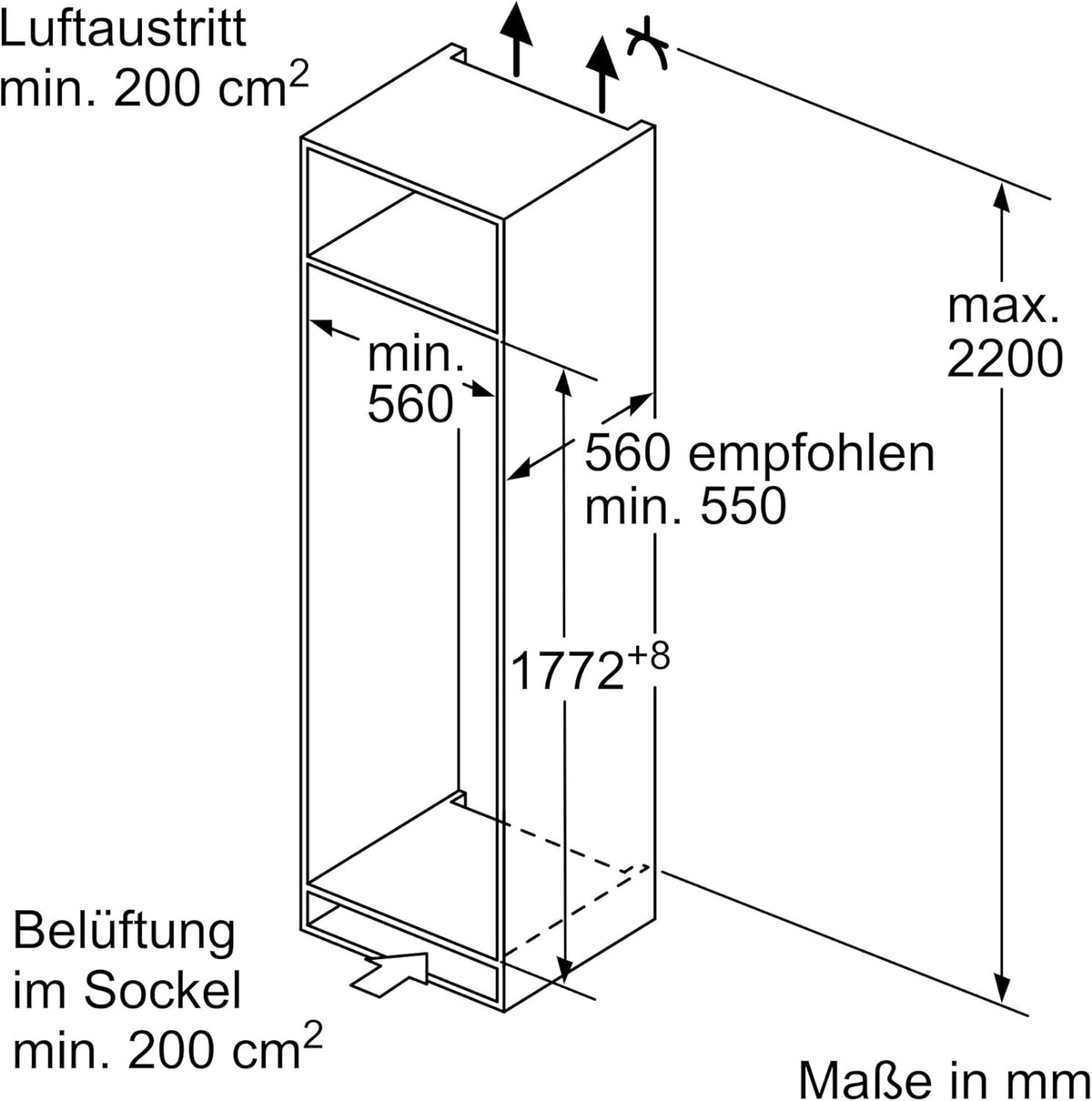 Siemens KI82LADD0 iQ500, Einbau-Kühlschrank mit Gefrierfach, 177,5 x 56 cm Nische, 246 L Kühlen & 34 L Gefrieren, Made in Germany, hyperFresh für längere Frische, schnell Kühlen, Leise, Flachscharnier