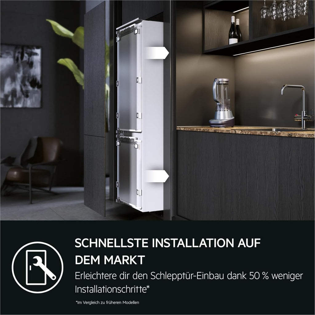 AEG Einbau-Kühl-Gefrierkombination 144.6x56 cm, Serie 5000 ColdSense – Sensoren schützen Frische, 160 L Kühlen & 57 Liter Gefrieren, LowFrost – weniger Eisbildung, LED, Schlepptür, D, TSC5S141DS