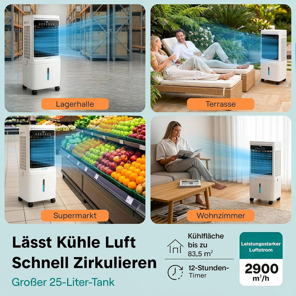SereneLife Klimaanlage ohne Abluftschlauch, 25L Verdunstungsluftkühler für Große Räume, 1700 CFM, Kühlakku-Funktion, Timer Abnehmbarer Wassertank 80W, 60/120°Oszillation, Leise mit Rollen