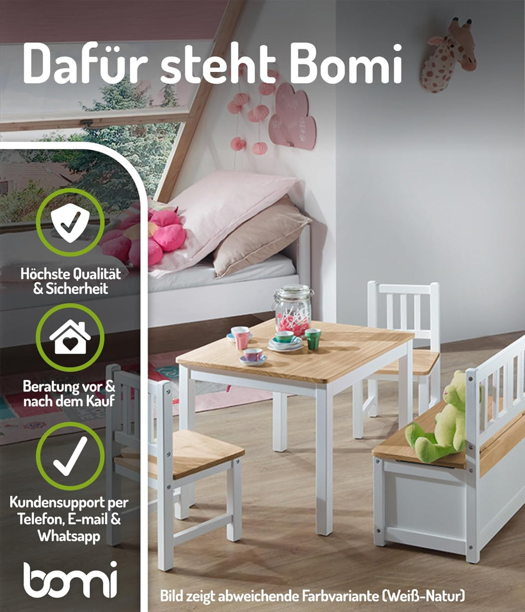 Bomi Kindersitzgruppe Anna mit integrierter Spielzeugkiste | Kinderzimmer-Set inkl. Kindertisch mit 2 Stühlen & Kindertruhenbank | Kindermöbel aus FSC nachhaltigem Kiefern Massiv Holz | Weiß Grau