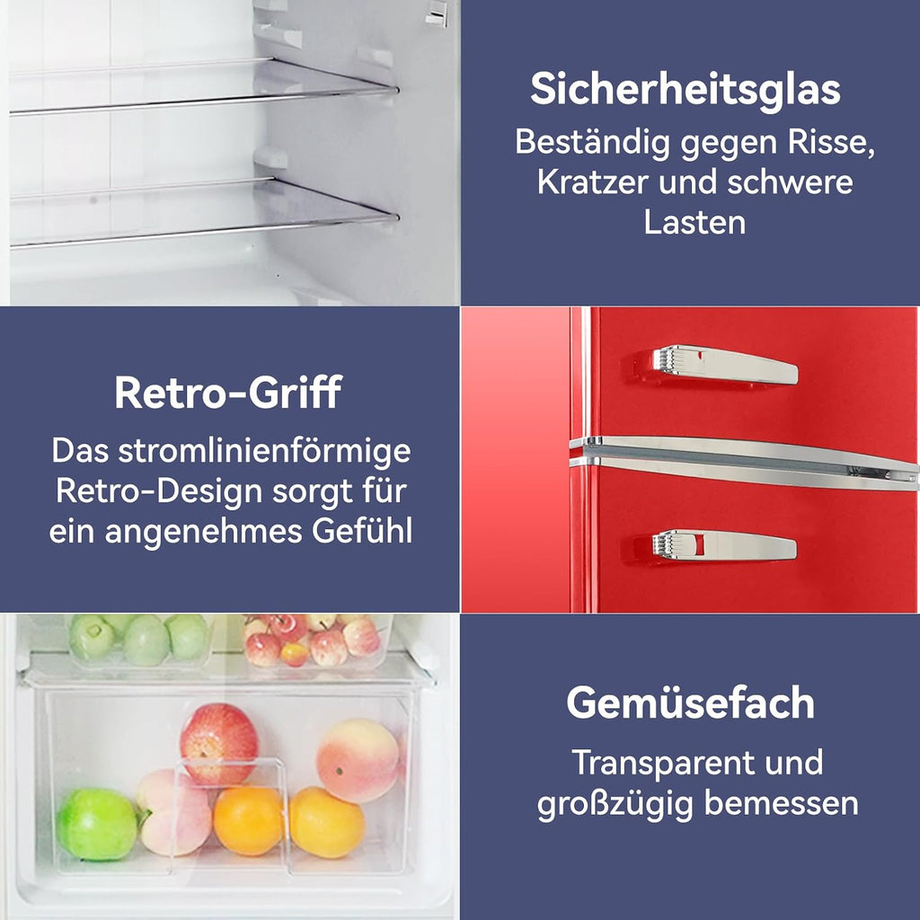 magictec Retro Kühlschrank mit Gefrierfach | 120L(88L/32L) | Low Frost | Kühl Gefrier Kombination | Vintage Design | LED Beleuchtung | Rot