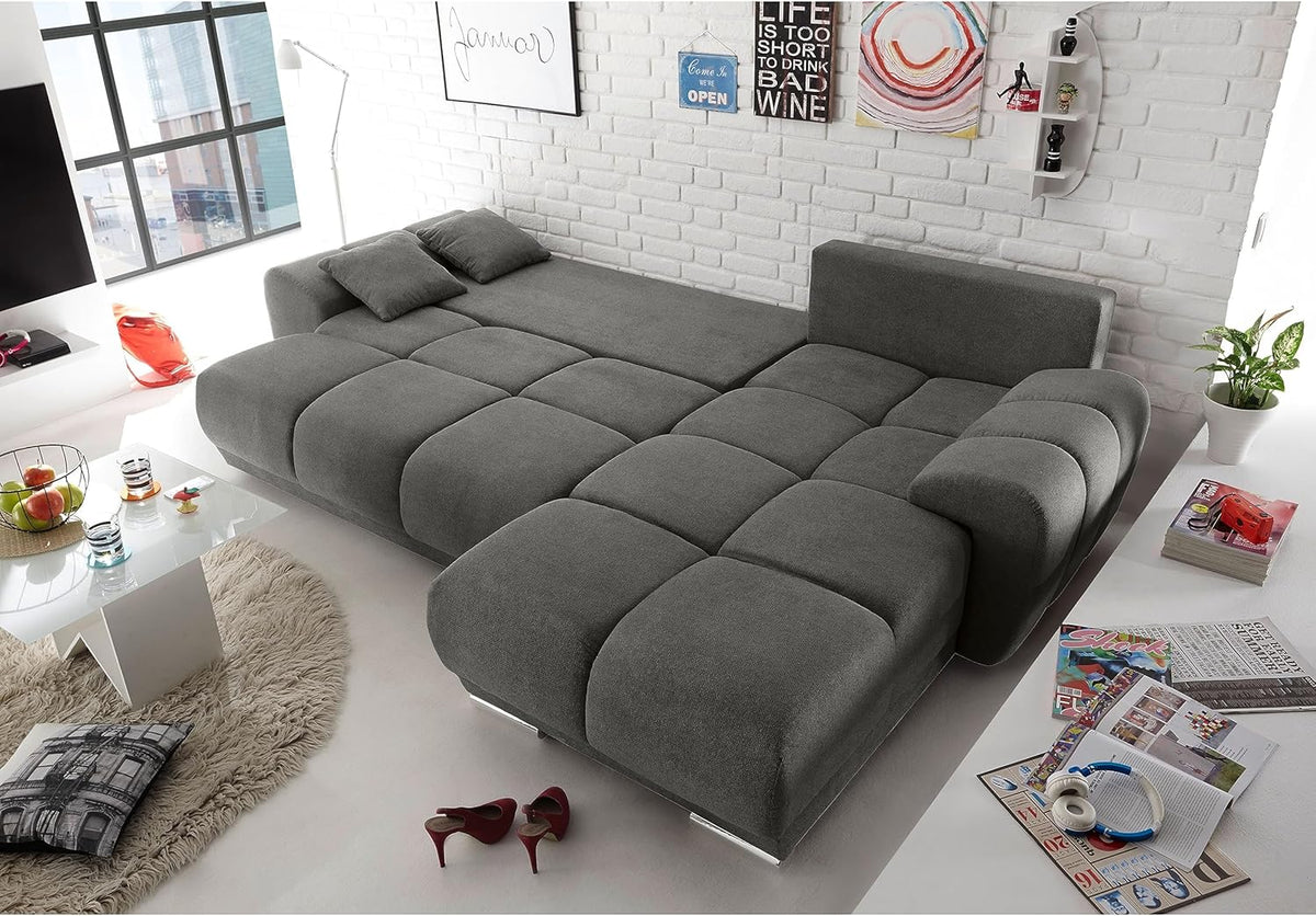 Stella Trading ANTON Ecksofa mit Schlaffunktion, Stoffbezug Uran Stone - Moderne Eckcouch in L-Form mit Bettkasten & dekorativer Steppung - 289 x 85 x 189 cm (B/H/T)