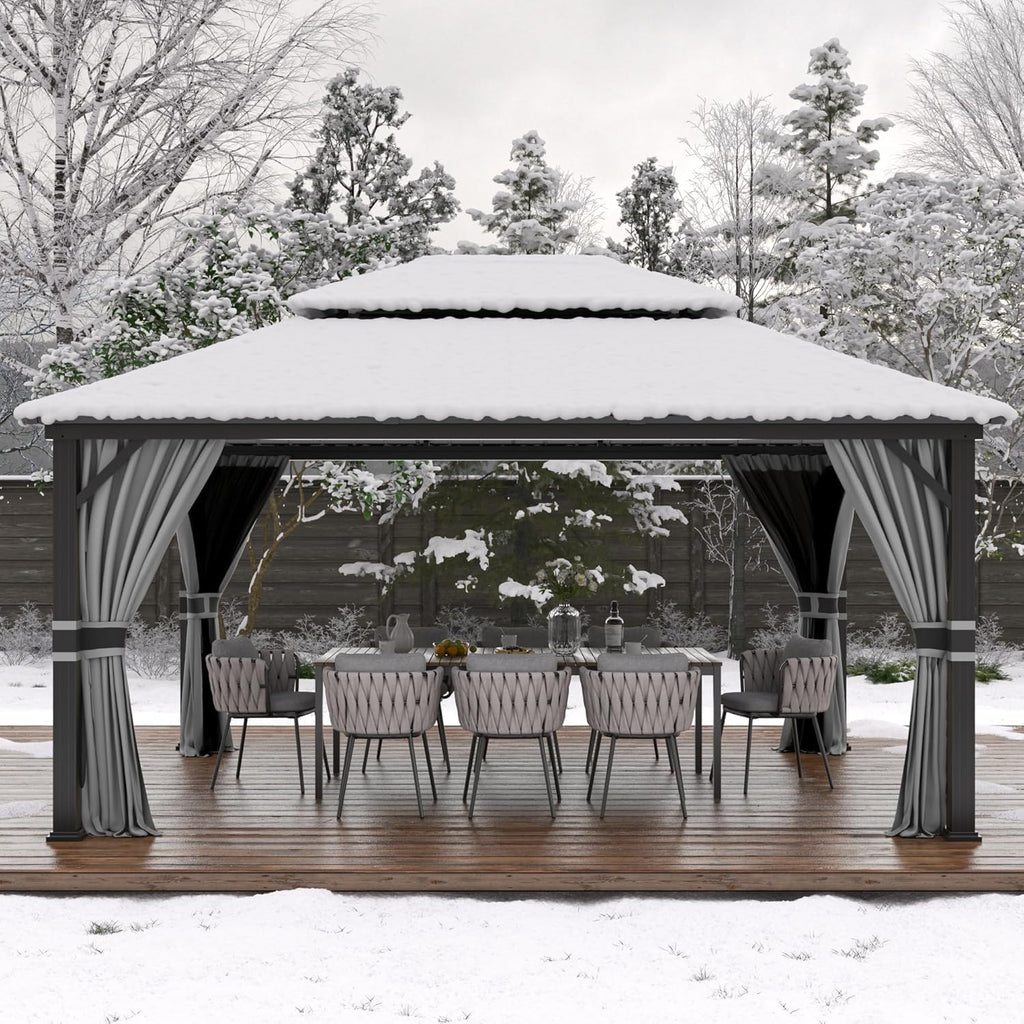 Amopatio 3.65 x 4.85 m Gartenpavillon Wasserdicht Stabil Winterfest Hardtop Pavillon, Verzinkter Stahl Doppeldach Aluminium Pavillon mit Moskitonetz und Vorhänge für Garten, Terrasse, Rasen, Grau