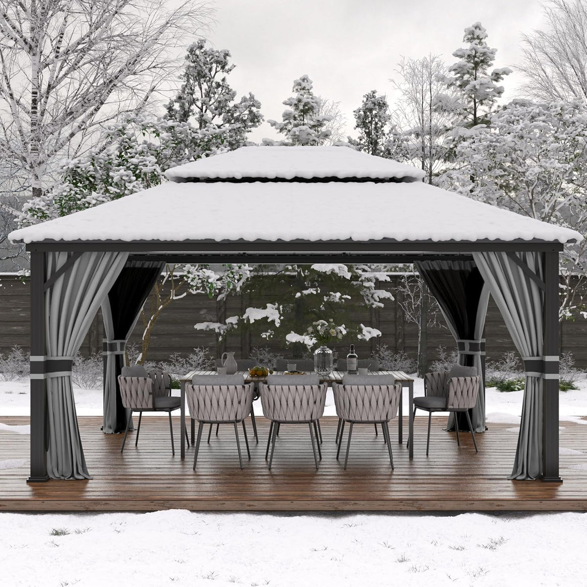Amopatio 3.65 x 4.85 m Gartenpavillon Wasserdicht Stabil Winterfest Hardtop Pavillon, Verzinkter Stahl Doppeldach Aluminium Pavillon mit Moskitonetz und Vorhänge für Garten, Terrasse, Rasen, Grau
