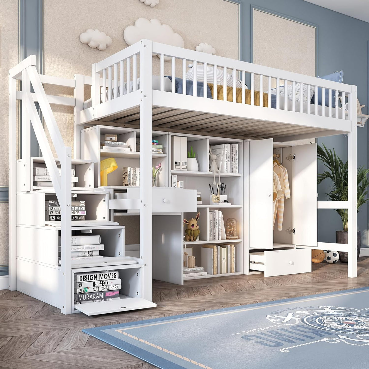 Kinderbett Etagenbett 90x200, Hochbett mit Kleiderschrank&Schließfächern&Schubladen&Schreibtisch&Treppe, Einzelbett Holzbett Jugendbett mit Lattenrost&Rausfallschutz, Massivholz, Ohne Matratze, Weiß