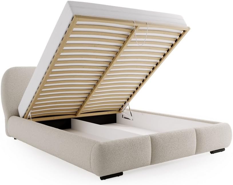 Chilly. Bett Savona - Polsterbett 140x200 mit Bettkasten, Lattenrost und Kopfteil – Eleganter Bouclé-Stoffbezug Olivgrün