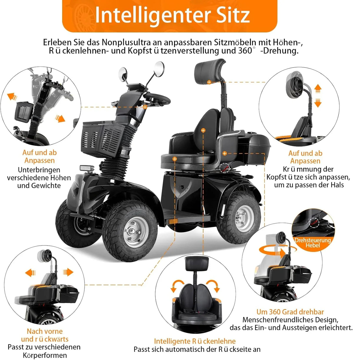 2025 Scooter de movilidad ZVGREEN de 4 ruedas – modelo para personas mayores con asiento tipo capitán – hasta 15 km/h – gran espacio de almacenamiento – asiento giratorio – freno electromagnético