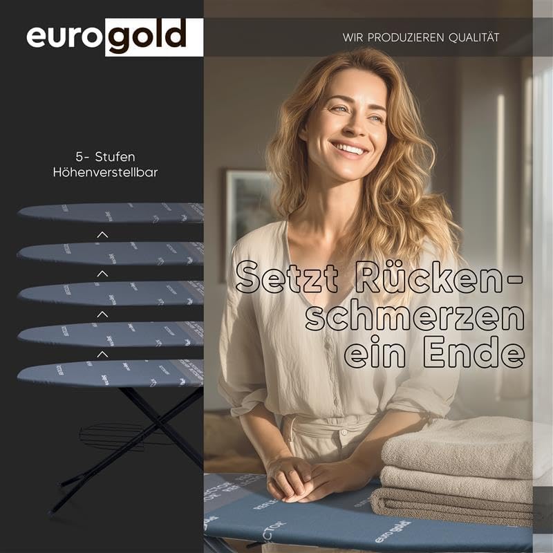 EUROGOLD Bügelbrett für Dampfbügelstation 130x48 cm – Bügelbrett XXL mit Steckdose, höhenverstellbarer Bügeltisch klappbar, mit Ärmelbrett & Bügeleisenablage, Reflektor-Bezug (Sydney Grey)