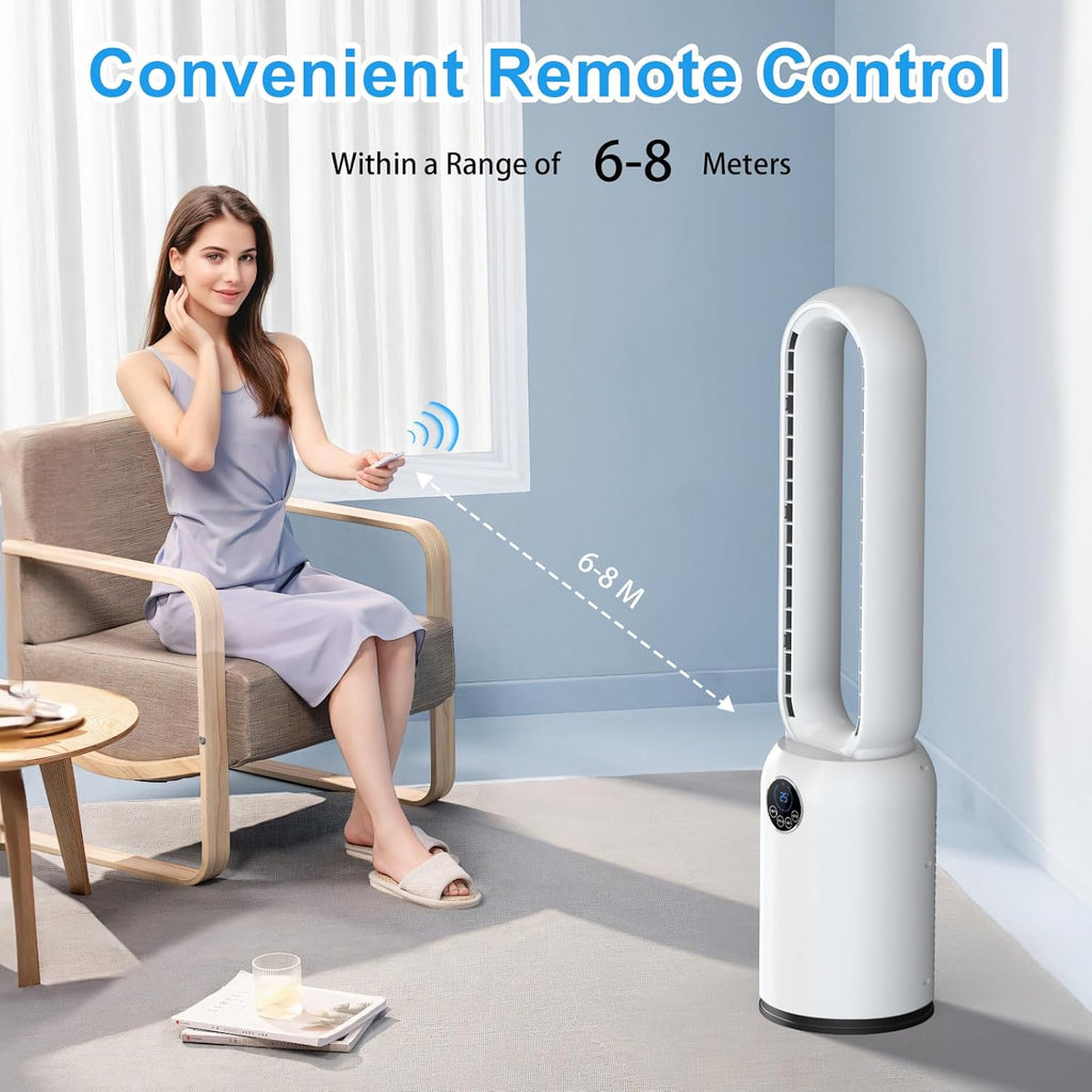Turmventilator ohne Flügel 88cm – geräuschloser Standventilator mit 55W Motor, LED-Touchscreen & Fernbedienung, 12-Stunden-Timer, 90° oszillierend für Schlafzimmer & Büro (Weiß)