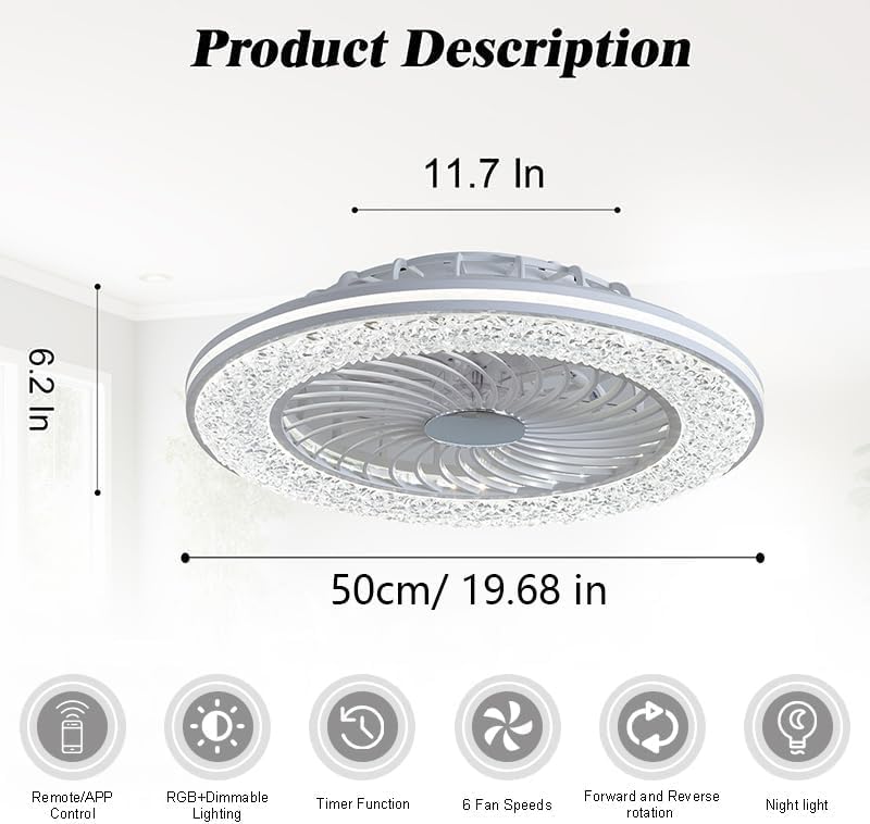 Smarte Deckenventilator mit Beleuchtung Kompatibel mit Alexa und Google Assistant RGB Deckenleuchte mit Ventilator Dimmbar mit Fernbedienung Leiser Fan Deckenlampe für Schlafzimmer Wohnzimmer Ø50CM