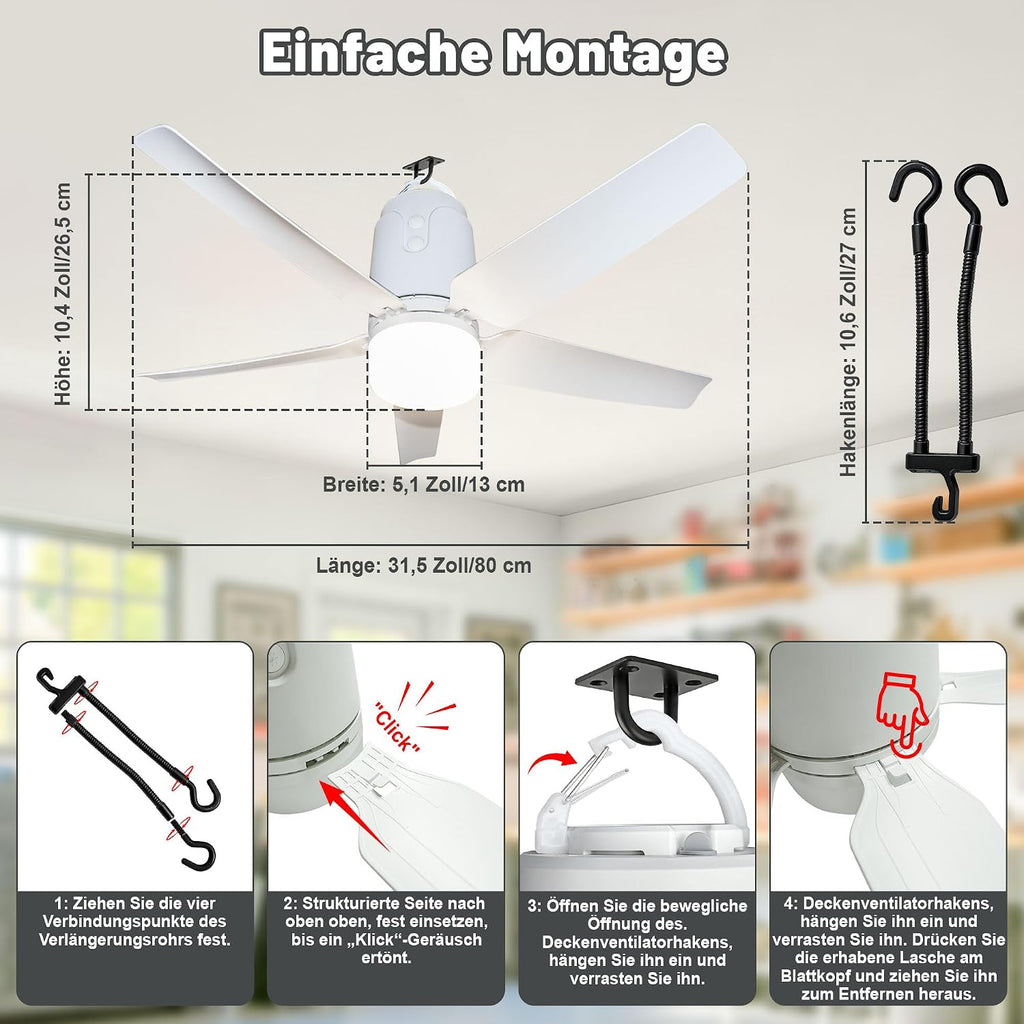 80CM Akku Deckenventilator mit Beleuchtung für Outdoor, 40000mAh Akku Groß Mobiler Ventilator mit Licht, 3000K-6000K Dimmbar, Fernbedienung & Haken, für Camping, Pavillon, Terrasse, Zelt, Wohnmobil