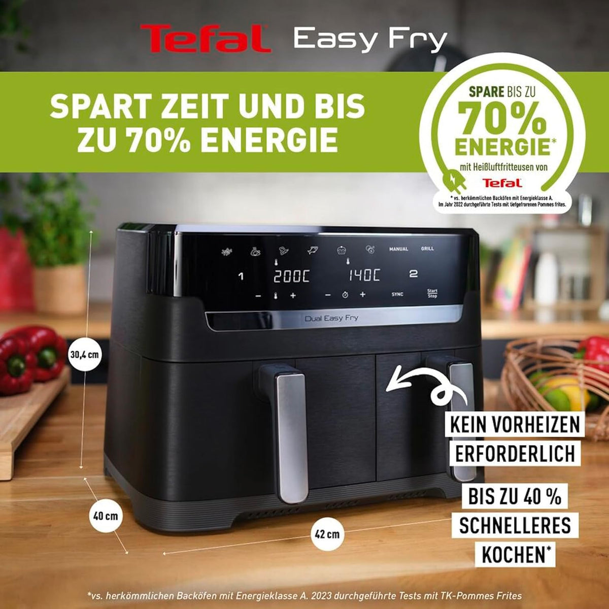 Tefal Dual Easy Fry Heißluftfritteuse Doppelkammer, 5,2/3,1 L Fassungsvermögen, zwei unabhängige Schubladen, 7 automatische Programme, energiesparend, schwarz, EY9018