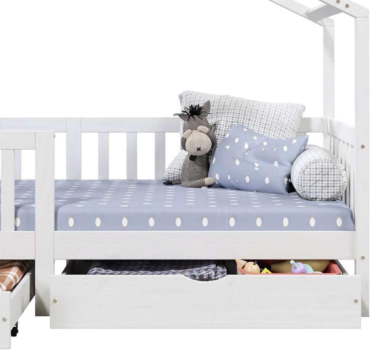 IDIMEX Hausbett ELEA aus massiver Kiefer, Kinderbett mit Rausfallschutz 90x200cm, Spielbett mit Dach in weiß