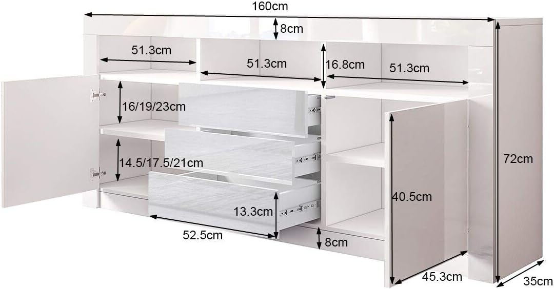 Moderner Sideboard Schrank Kommode in Front Hochglanz 2 Türen 3 Schubladen Esszimmer Küche Buffet Küchenschrank mit LED Streifen 160cm (Weiß)