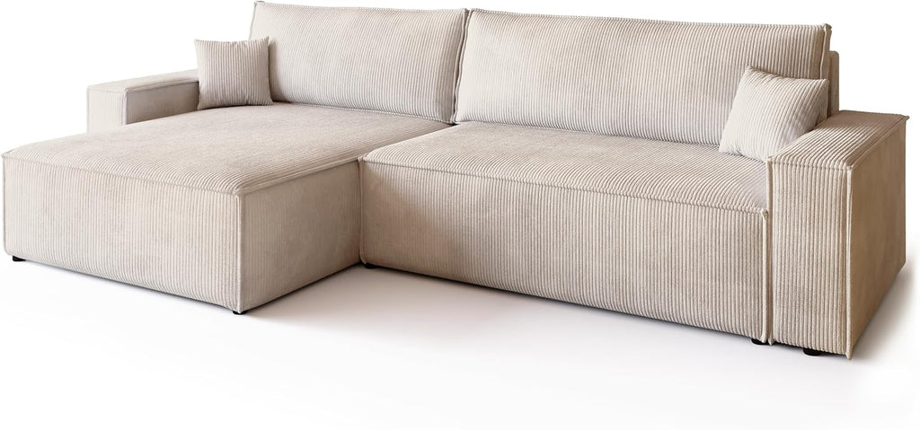 BROMARKT Sofa mit Schlaffunktion Couch L Cordstoff Sofa Bettkasten Schlafsofa für Wohnzimmer Ecksofa freistehend Adi XL Relaxsofa 3 sitzer 272x143x85 cm Vanilla