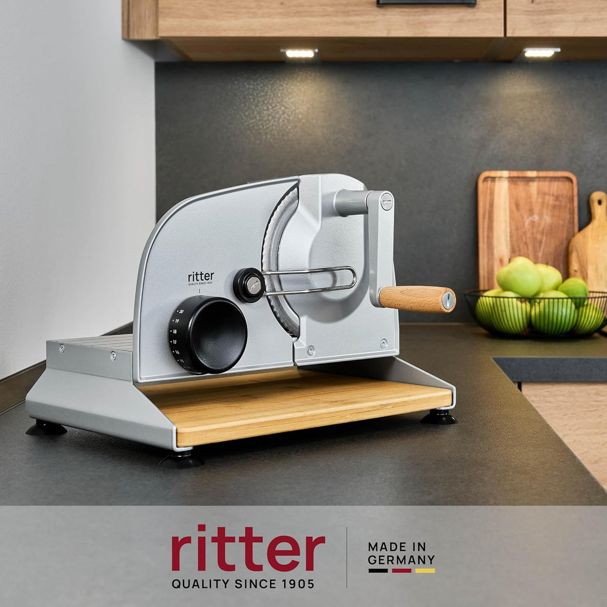 ritter Allesschneider amano 5, manueller Allesschneider mit leichtgängiger Handkurbel, made in Germany, silbermetallic