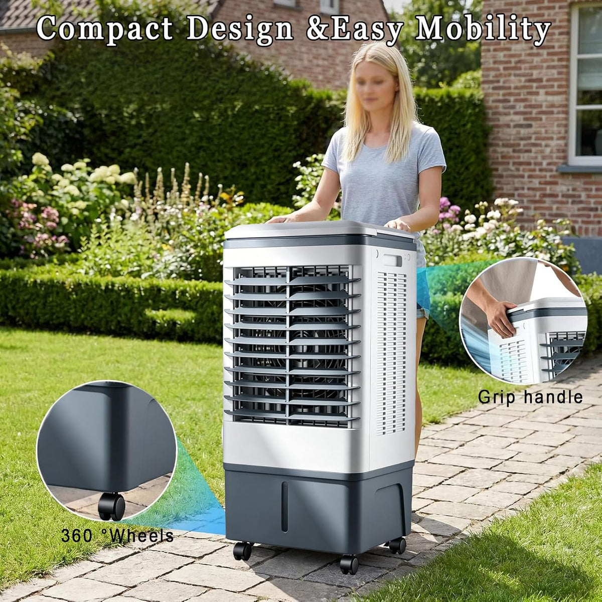Klimaanlage Mobil 80W, 1-seitiger Klimaanlage Ohne Abluftschlauch, 3 Modi, 20L Abnehmbarem Tank, 60/120° Oszillation, 7.5h Timer, Leise, Fernbedienbar, Verdunstungskühler für Zuhause Schlafzimmer