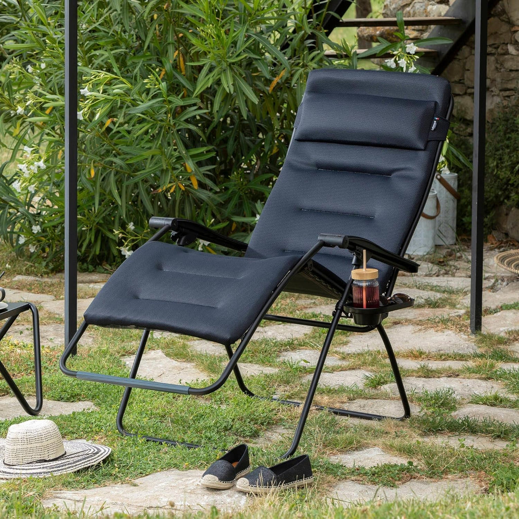 LAFUMA MOBILIER - Gepolsterter Relaxsessel Zero Gravity RSX CLIP XL - Klappbare Liege für Garten und Innenbereich - AirComfort-Gewebe - Vielseitiger Liegestuhl, Top-Komfort, Frankreich - Schwarz Stahl