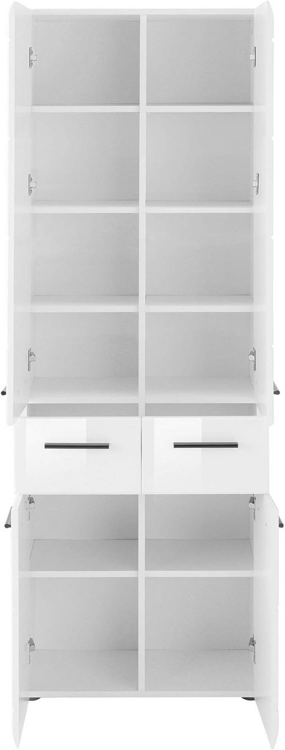 trendteam smart living - Skin - Hochschrank - Weiß/Weiß Hochglanz - Badschrank 12 Fächer und 2 Schubladen - (BxHxT) 30 x 182 x 31 cm - Schwarze Griffe - Kratzfest