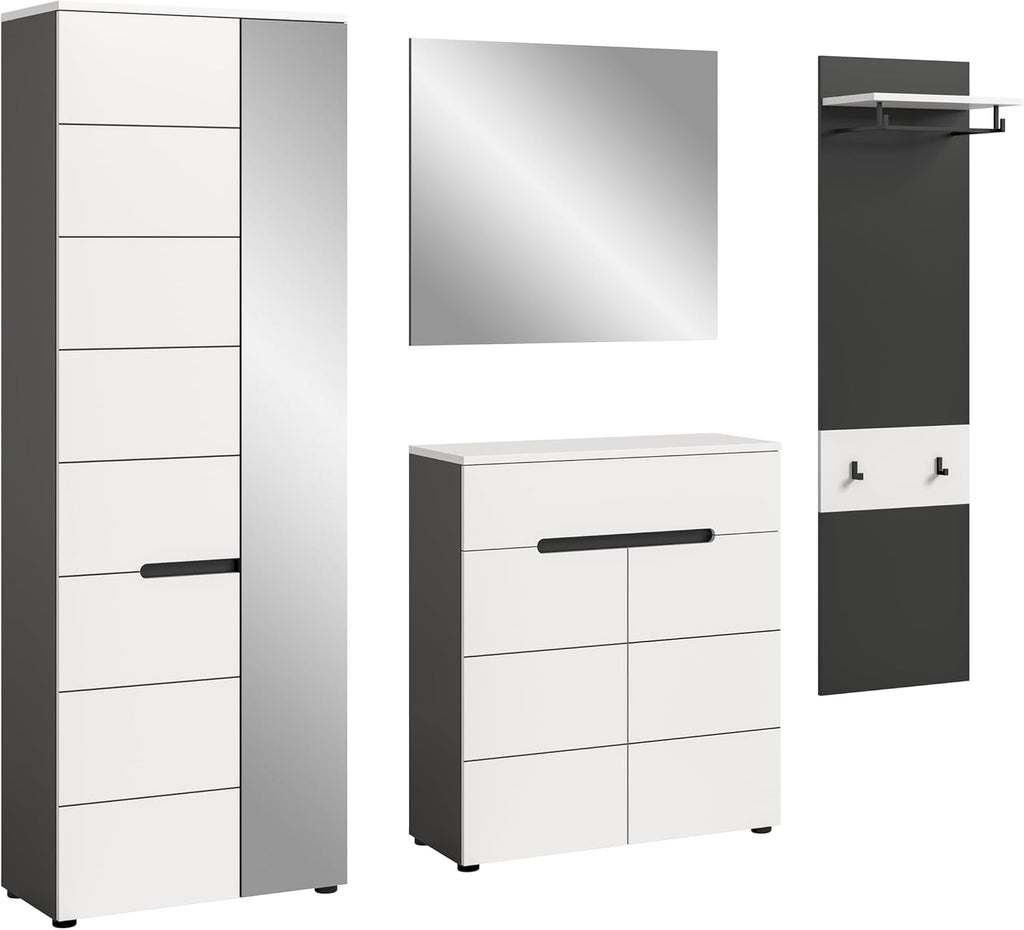 xonox.home - Garderobenkombination Canu 4tlg. 220x190x37 cm in Korpus Basalt grau Nb., Front weiß Nb. - Garderobenschrank Garderobenmöbel Flurmöbel-Set Flursystem Stauraumlösung