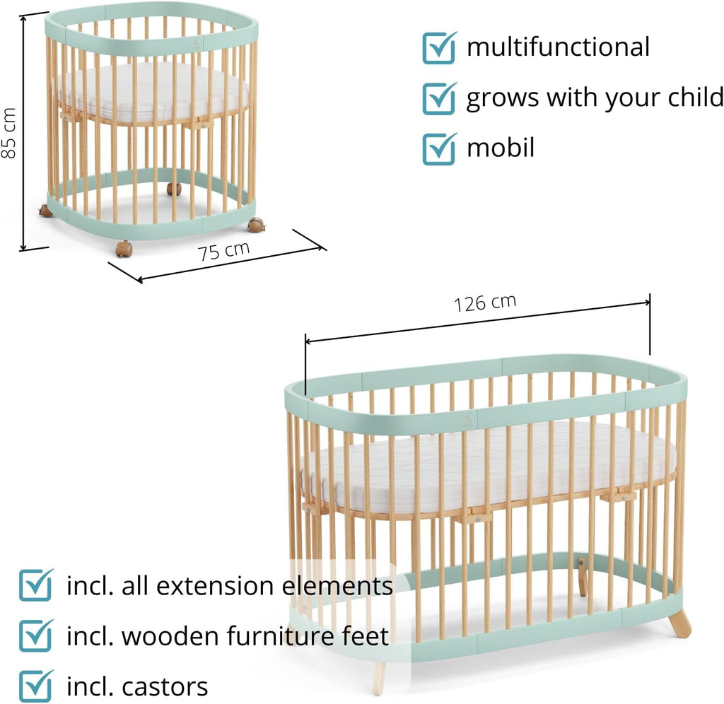 tweeto® Babybett 7 in 1 – mitwachsendes Babybett aus Holz | höhenverstellbares Beistellbett & Gitterbett | umbaubar zu Kinderbett & Laufstall (Buche Natur)