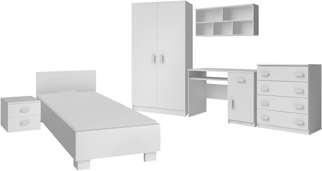 Fabryka Mebli Idźczak Kinderzimmer-Set Jonas I 01 - Schrank, Bett, Wandregal, Kommode, Schreibtisch, Nachttisch - Kleiderschrank - Skandinavischer Stil, Modern Design - Weiß
