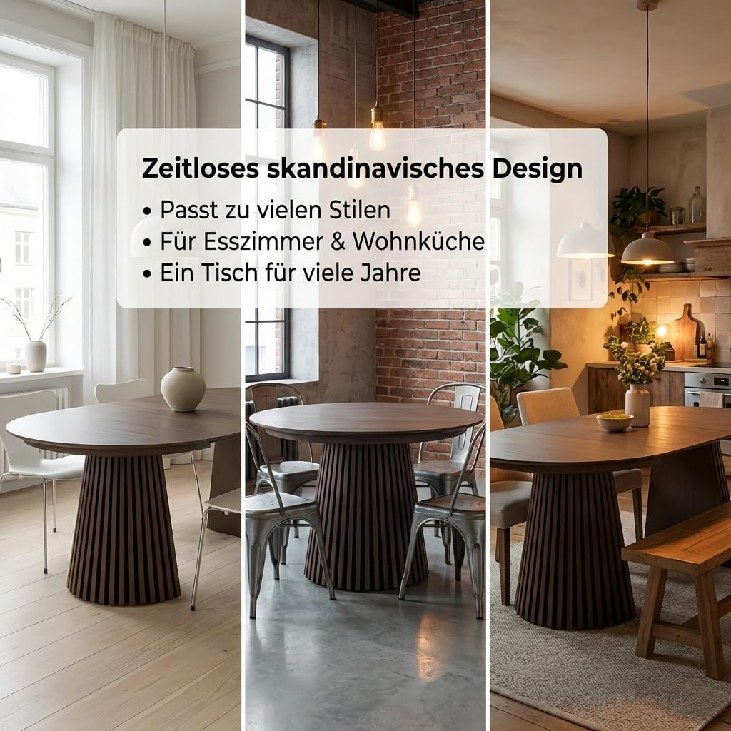 ebuy24 Tokyo Esstisch inkl. 2 Zusatzplatten ø120x120 bis 160 bis 200cm Smoked Eiche Furnier. – Esszimmertisch rund ausziehbar, ausziehbarer Tisch rund, Esstisch oval ausziehbar