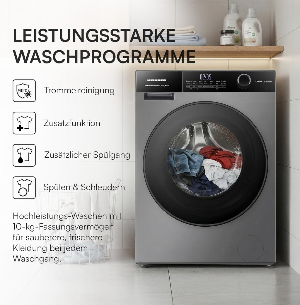 HWM-HMK1014IVTA+++ – Waschmaschine 10 kg, 1400 U/min, Inverter-Motor, 15 Programme, Touch-Display, Energieeffizienzklasse A, Grau Titan, 5 Jahre Garantie (Anthrazit, 10 KG)