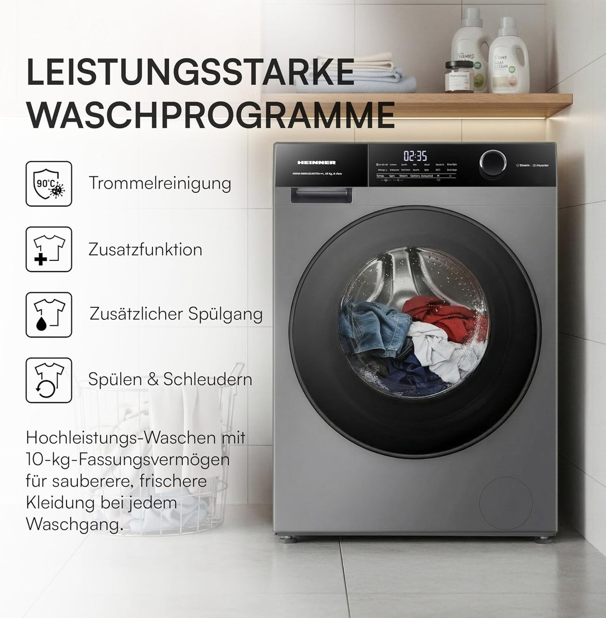HWM-HMK1014IVTA+++ – Waschmaschine 10 kg, 1400 U/min, Inverter-Motor, 15 Programme, Touch-Display, Energieeffizienzklasse A, Grau Titan, 5 Jahre Garantie (Anthrazit, 10 KG)