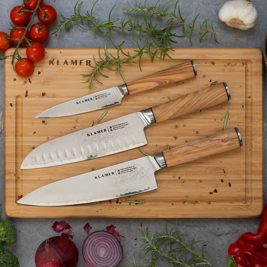 Santoku Damastmesser 18cm mit Olivenholz