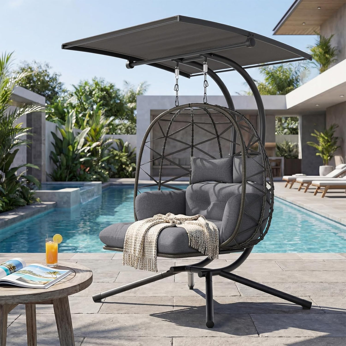 UDPATIO Hängesessel Outdoor mit Gestell, Hängeschaukel mit Sonnendach & Fußablage, Hängestuhl bis 280KG für 2 Personen, Verstellbare Kuppel & Dicke Kissen, Schaukel Sessel Garten, Balkon, Grau